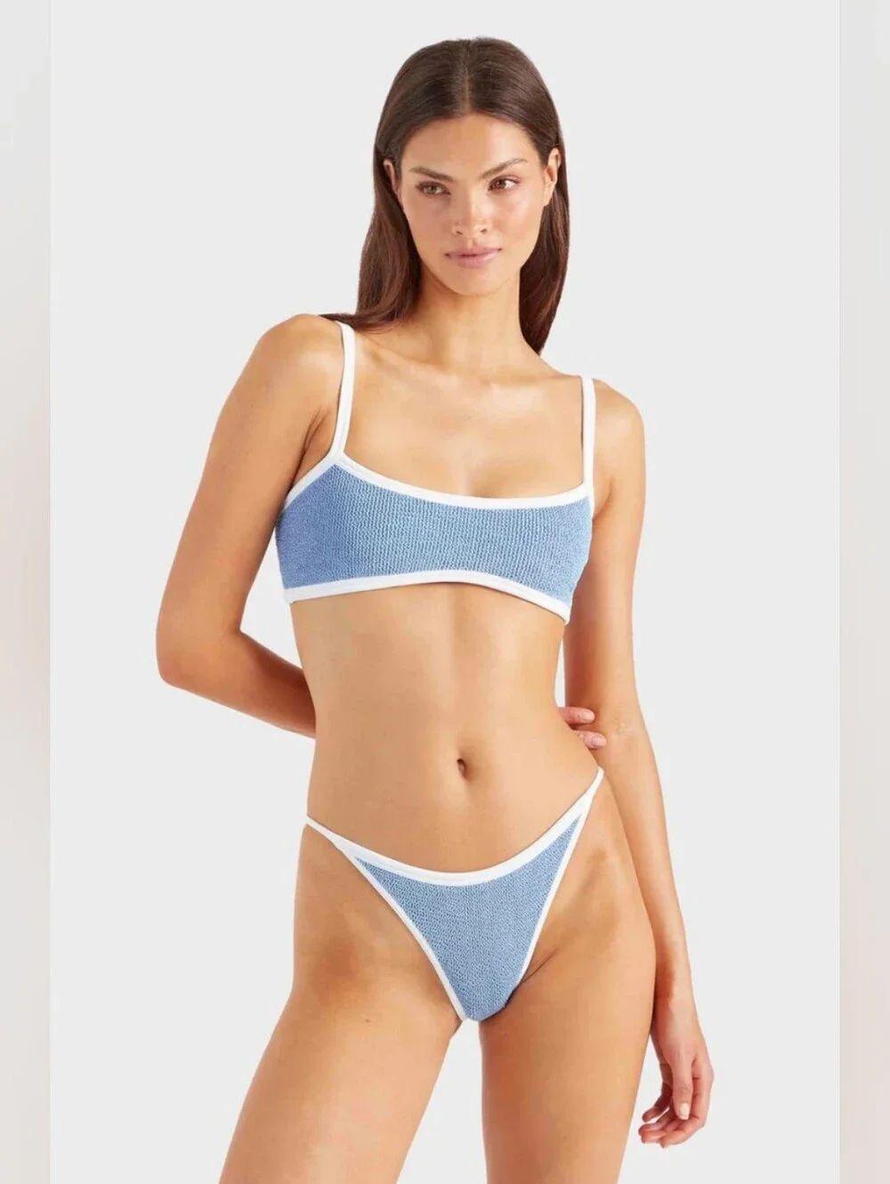 Hunza G Textured Bikini Powder Blue with White Trim One Size SW1